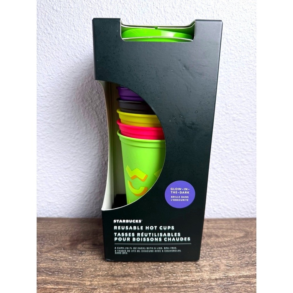 Starbucks Halloween 2021 Reusable Hot Cups 6 Pack 16oz Glow In The Dark Lids NEW